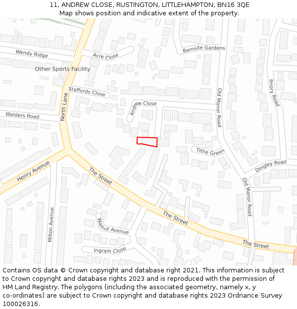 11, ANDREW CLOSE, RUSTINGTON, LITTLEHAMPTON, BN16 3QE: Location map and indicative extent of plot