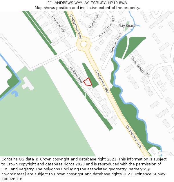 11, ANDREWS WAY, AYLESBURY, HP19 8WA: Location map and indicative extent of plot