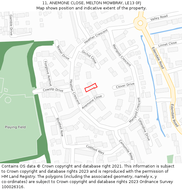 11, ANEMONE CLOSE, MELTON MOWBRAY, LE13 0FJ: Location map and indicative extent of plot