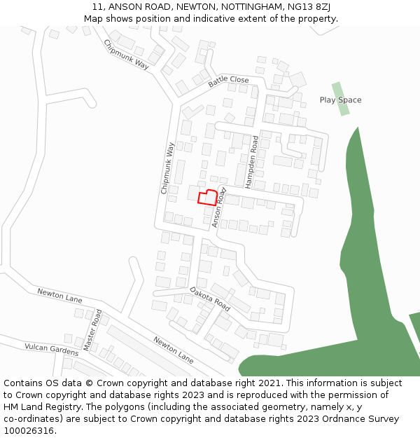 11, ANSON ROAD, NEWTON, NOTTINGHAM, NG13 8ZJ: Location map and indicative extent of plot