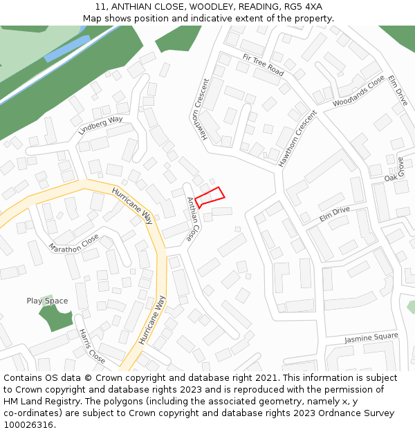 11, ANTHIAN CLOSE, WOODLEY, READING, RG5 4XA: Location map and indicative extent of plot