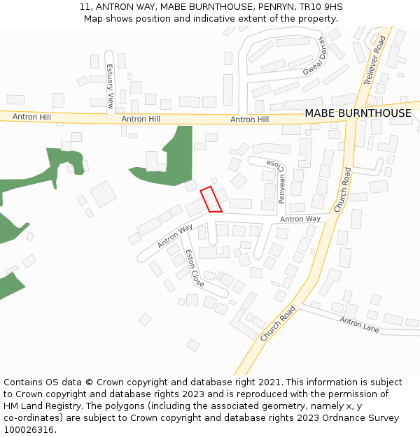 11, ANTRON WAY, MABE BURNTHOUSE, PENRYN, TR10 9HS: Location map and indicative extent of plot