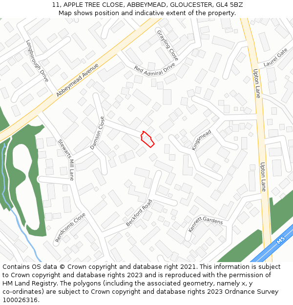 11, APPLE TREE CLOSE, ABBEYMEAD, GLOUCESTER, GL4 5BZ: Location map and indicative extent of plot