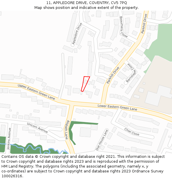 11, APPLEDORE DRIVE, COVENTRY, CV5 7PQ: Location map and indicative extent of plot