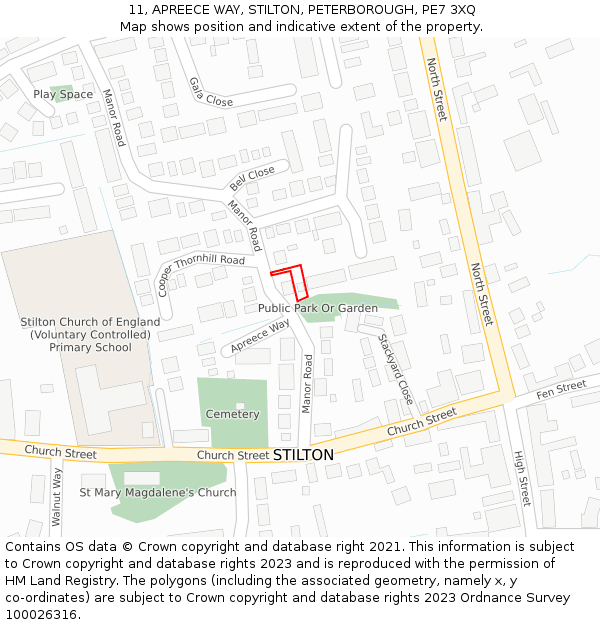 11, APREECE WAY, STILTON, PETERBOROUGH, PE7 3XQ: Location map and indicative extent of plot