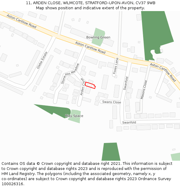 11, ARDEN CLOSE, WILMCOTE, STRATFORD-UPON-AVON, CV37 9WB: Location map and indicative extent of plot