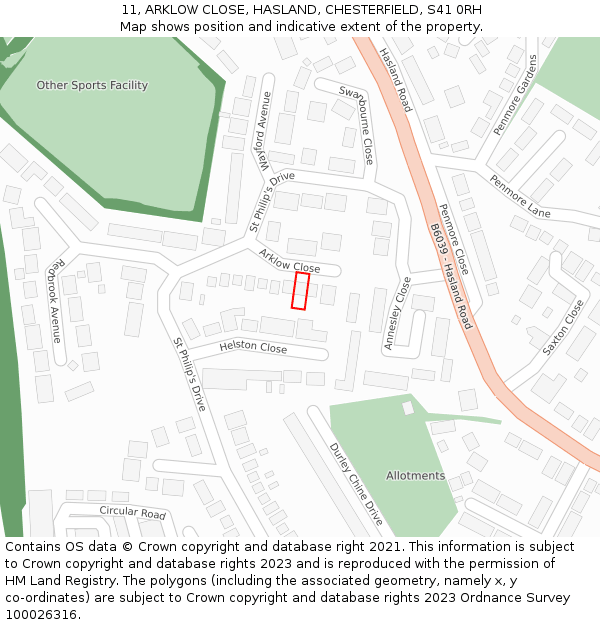 11, ARKLOW CLOSE, HASLAND, CHESTERFIELD, S41 0RH: Location map and indicative extent of plot