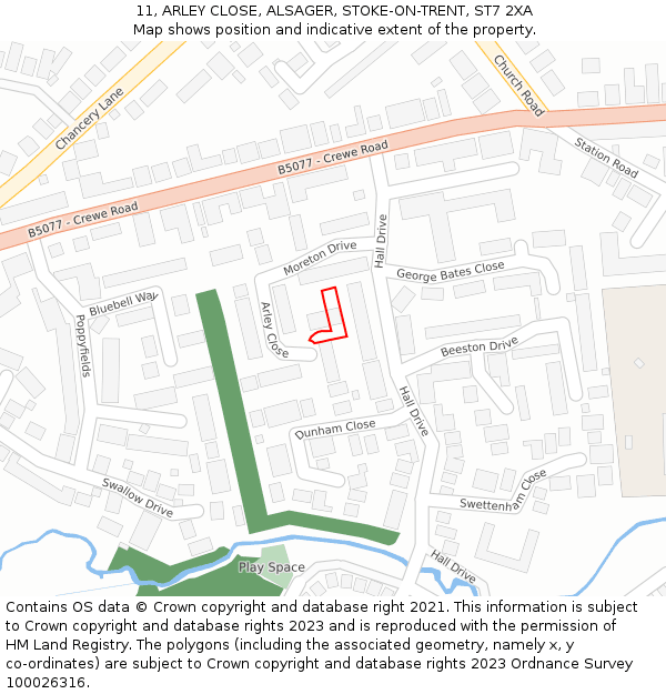 11, ARLEY CLOSE, ALSAGER, STOKE-ON-TRENT, ST7 2XA: Location map and indicative extent of plot