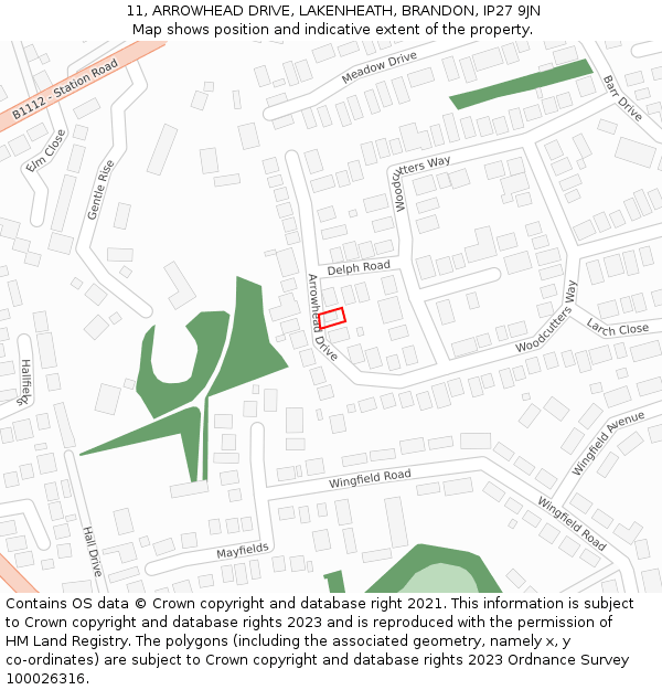 11, ARROWHEAD DRIVE, LAKENHEATH, BRANDON, IP27 9JN: Location map and indicative extent of plot