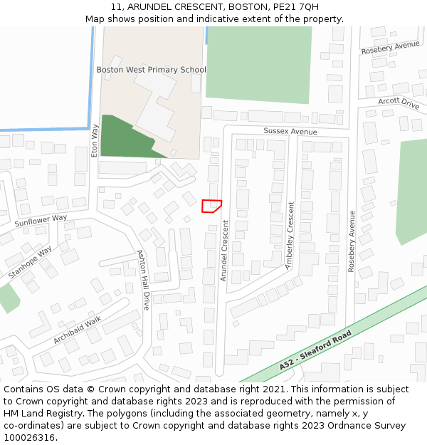 11, ARUNDEL CRESCENT, BOSTON, PE21 7QH: Location map and indicative extent of plot