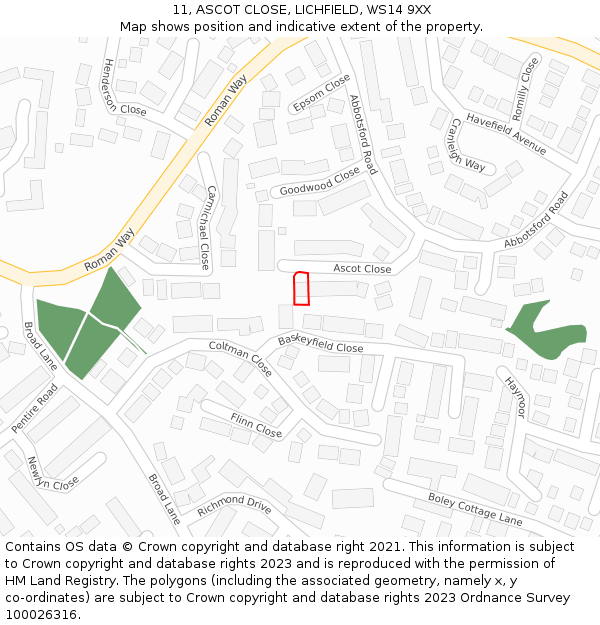 11, ASCOT CLOSE, LICHFIELD, WS14 9XX: Location map and indicative extent of plot