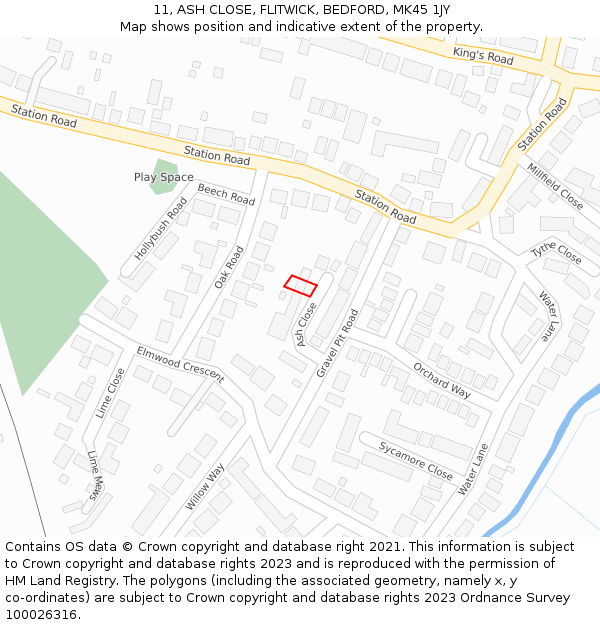 11, ASH CLOSE, FLITWICK, BEDFORD, MK45 1JY: Location map and indicative extent of plot