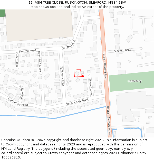 11, ASH TREE CLOSE, RUSKINGTON, SLEAFORD, NG34 9BW: Location map and indicative extent of plot