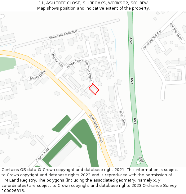 11, ASH TREE CLOSE, SHIREOAKS, WORKSOP, S81 8FW: Location map and indicative extent of plot