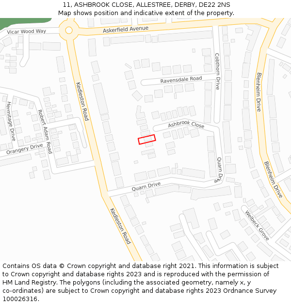 11, ASHBROOK CLOSE, ALLESTREE, DERBY, DE22 2NS: Location map and indicative extent of plot