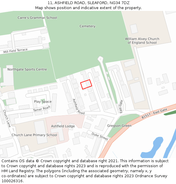 11, ASHFIELD ROAD, SLEAFORD, NG34 7DZ: Location map and indicative extent of plot