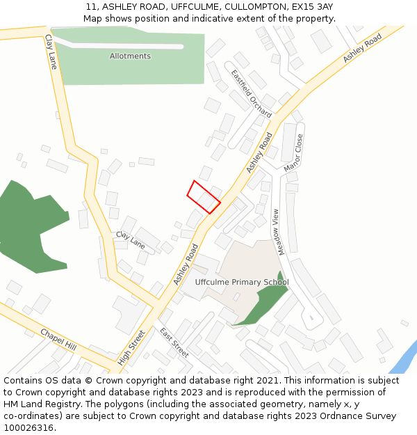 11, ASHLEY ROAD, UFFCULME, CULLOMPTON, EX15 3AY: Location map and indicative extent of plot