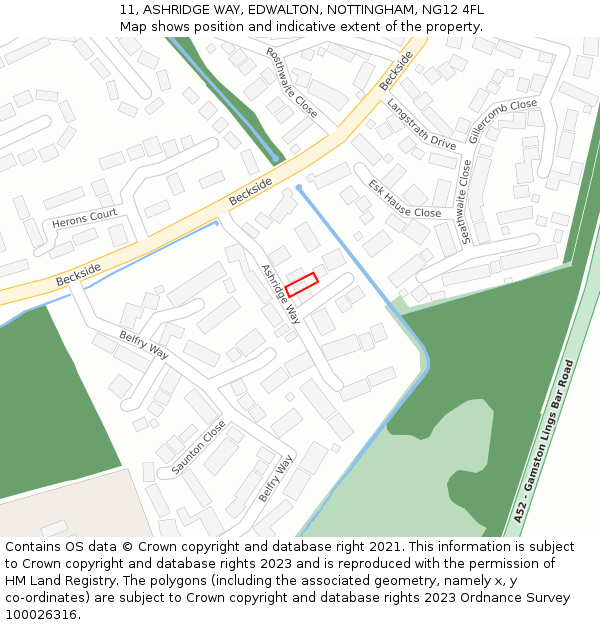 11, ASHRIDGE WAY, EDWALTON, NOTTINGHAM, NG12 4FL: Location map and indicative extent of plot