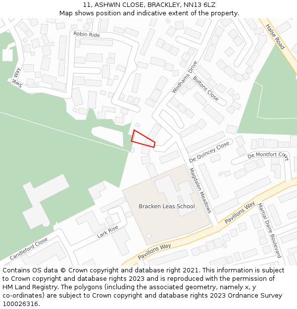 11, ASHWIN CLOSE, BRACKLEY, NN13 6LZ: Location map and indicative extent of plot