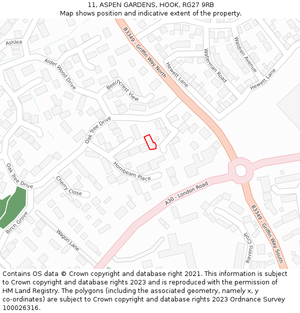 11, ASPEN GARDENS, HOOK, RG27 9RB: Location map and indicative extent of plot