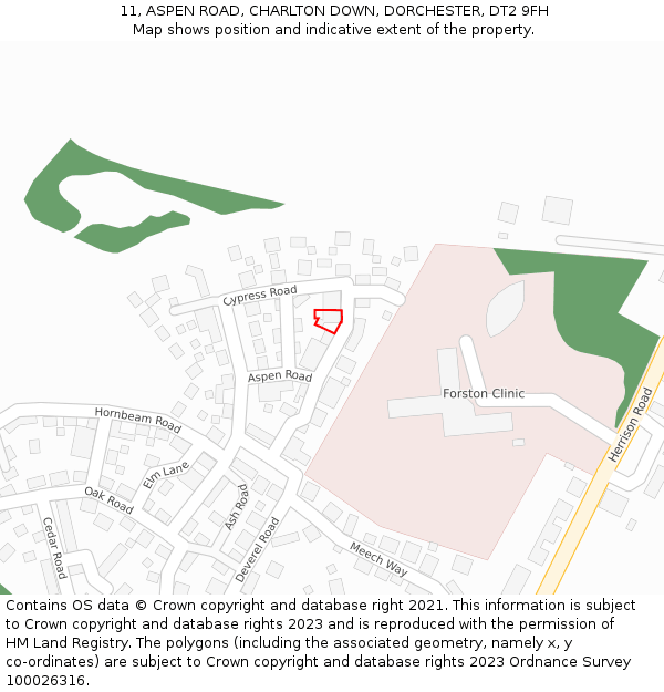 11, ASPEN ROAD, CHARLTON DOWN, DORCHESTER, DT2 9FH: Location map and indicative extent of plot
