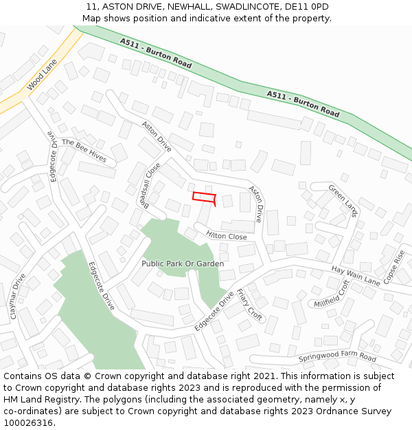 11, ASTON DRIVE, NEWHALL, SWADLINCOTE, DE11 0PD: Location map and indicative extent of plot