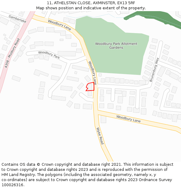 11, ATHELSTAN CLOSE, AXMINSTER, EX13 5RF: Location map and indicative extent of plot