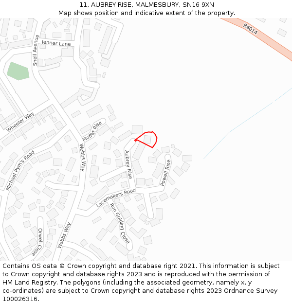 11, AUBREY RISE, MALMESBURY, SN16 9XN: Location map and indicative extent of plot