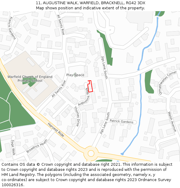 11, AUGUSTINE WALK, WARFIELD, BRACKNELL, RG42 3DX: Location map and indicative extent of plot