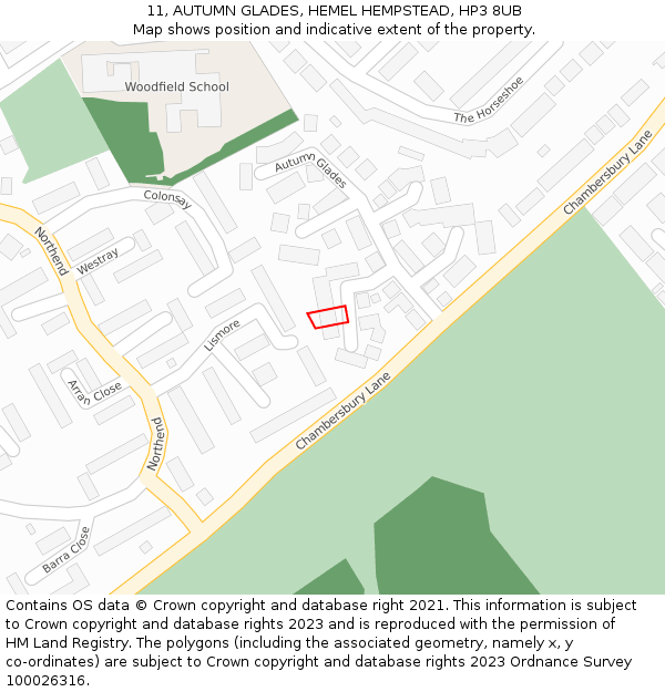 11, AUTUMN GLADES, HEMEL HEMPSTEAD, HP3 8UB: Location map and indicative extent of plot