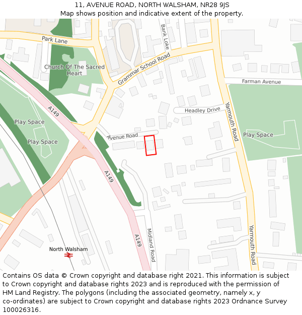 11, AVENUE ROAD, NORTH WALSHAM, NR28 9JS: Location map and indicative extent of plot