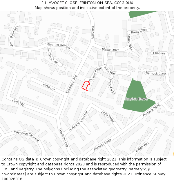 11, AVOCET CLOSE, FRINTON-ON-SEA, CO13 0UX: Location map and indicative extent of plot