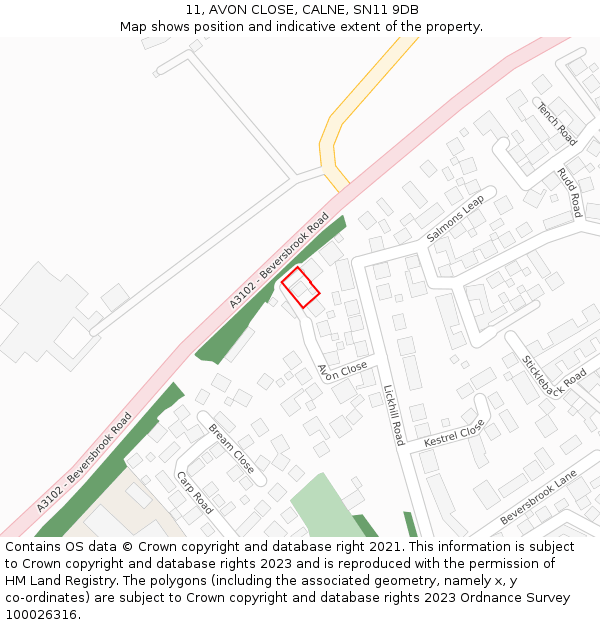 11, AVON CLOSE, CALNE, SN11 9DB: Location map and indicative extent of plot