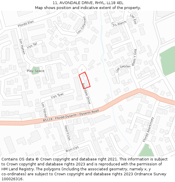 11, AVONDALE DRIVE, RHYL, LL18 4EL: Location map and indicative extent of plot