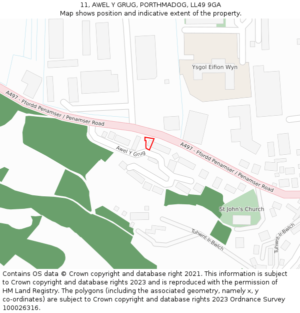 11, AWEL Y GRUG, PORTHMADOG, LL49 9GA: Location map and indicative extent of plot