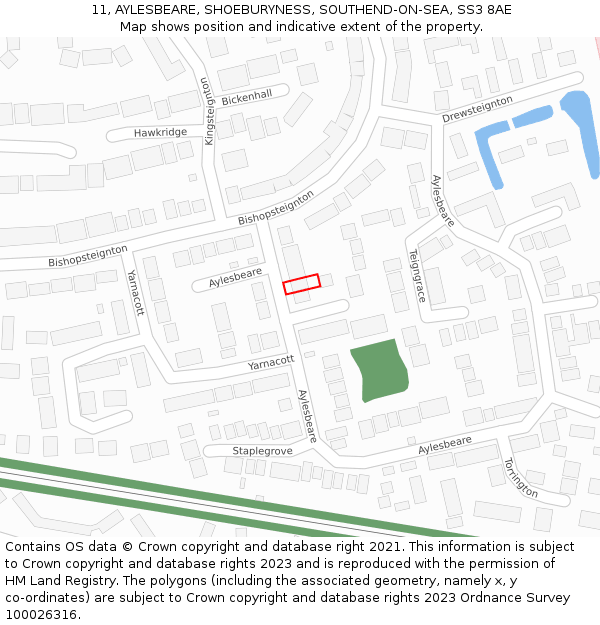 11, AYLESBEARE, SHOEBURYNESS, SOUTHEND-ON-SEA, SS3 8AE: Location map and indicative extent of plot