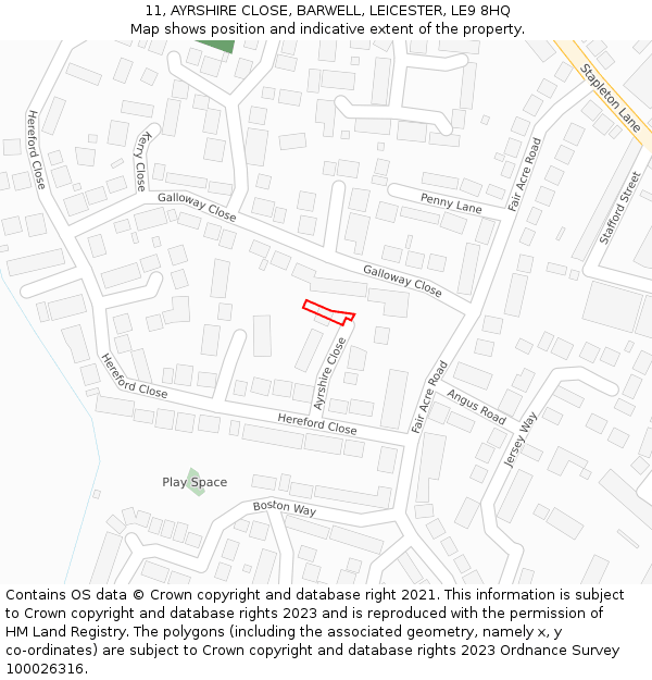 11, AYRSHIRE CLOSE, BARWELL, LEICESTER, LE9 8HQ: Location map and indicative extent of plot