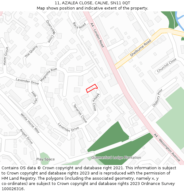 11, AZALEA CLOSE, CALNE, SN11 0QT: Location map and indicative extent of plot