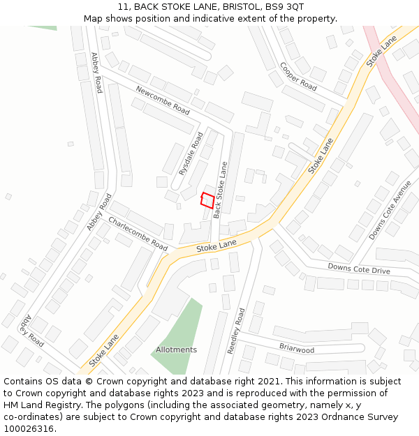 11, BACK STOKE LANE, BRISTOL, BS9 3QT: Location map and indicative extent of plot