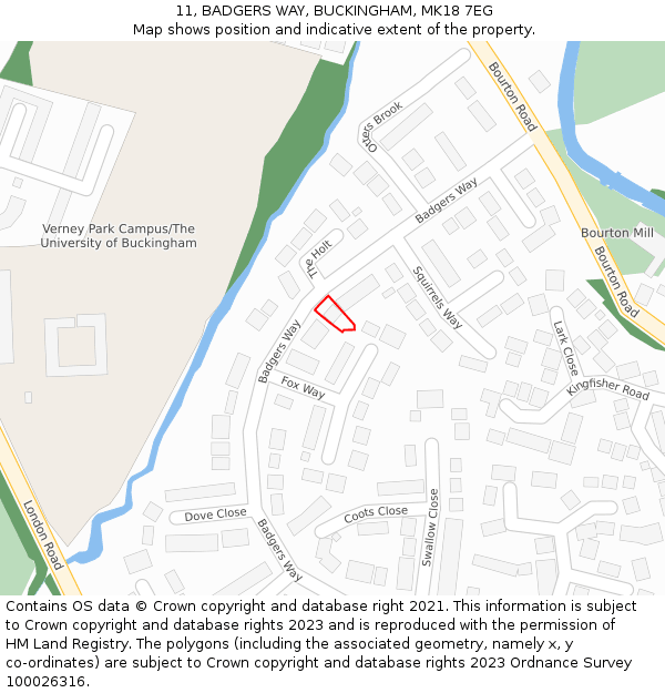 11, BADGERS WAY, BUCKINGHAM, MK18 7EG: Location map and indicative extent of plot