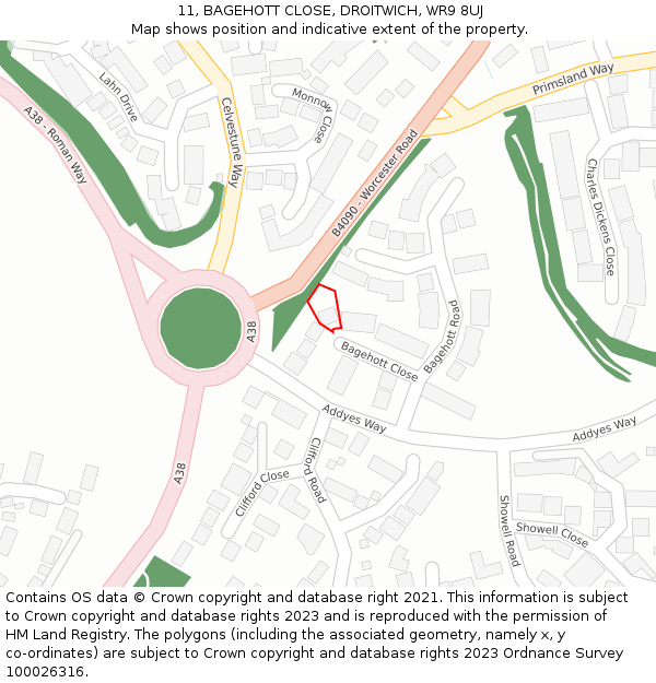 11, BAGEHOTT CLOSE, DROITWICH, WR9 8UJ: Location map and indicative extent of plot