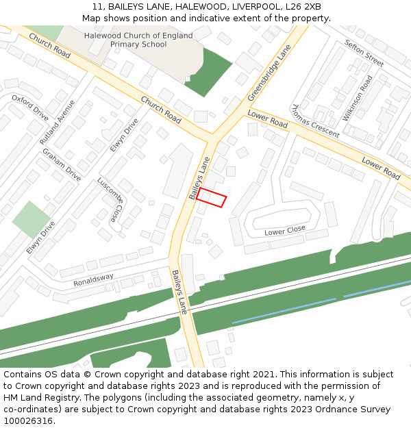 11, BAILEYS LANE, HALEWOOD, LIVERPOOL, L26 2XB: Location map and indicative extent of plot