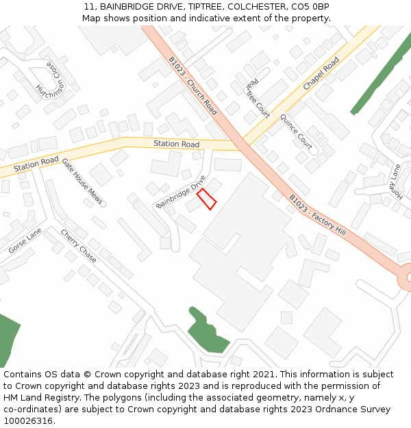 11, BAINBRIDGE DRIVE, TIPTREE, COLCHESTER, CO5 0BP: Location map and indicative extent of plot