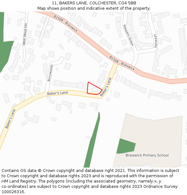 11, BAKERS LANE, COLCHESTER, CO4 5BB: Location map and indicative extent of plot