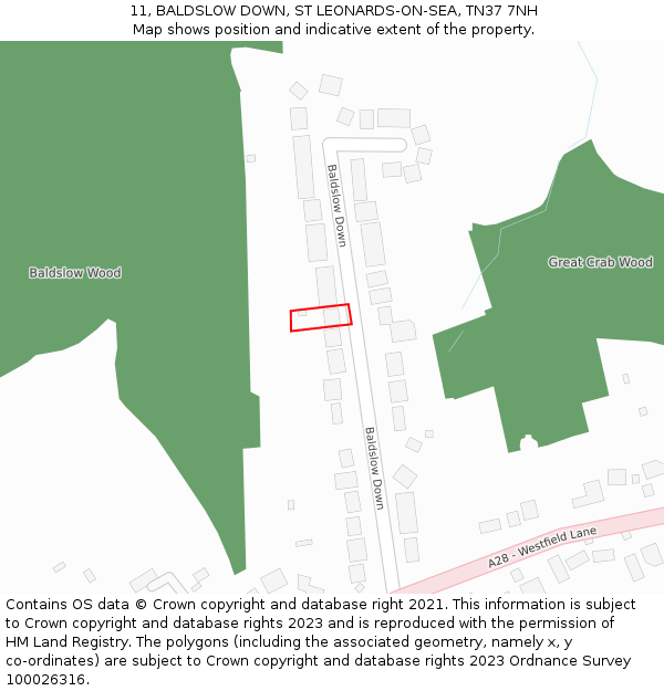 11, BALDSLOW DOWN, ST LEONARDS-ON-SEA, TN37 7NH: Location map and indicative extent of plot