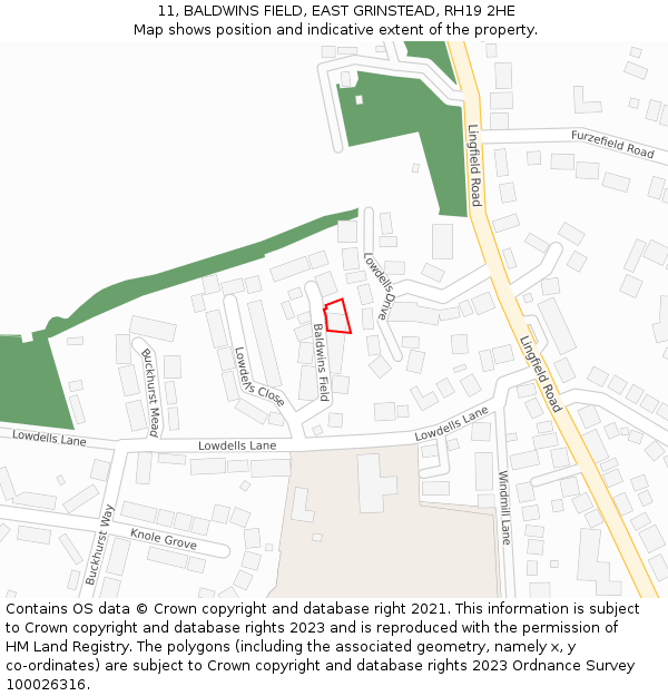 11, BALDWINS FIELD, EAST GRINSTEAD, RH19 2HE: Location map and indicative extent of plot