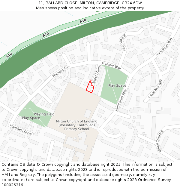 11, BALLARD CLOSE, MILTON, CAMBRIDGE, CB24 6DW: Location map and indicative extent of plot
