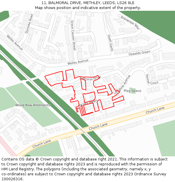 11, BALMORAL DRIVE, METHLEY, LEEDS, LS26 9LE: Location map and indicative extent of plot