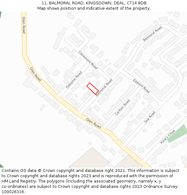 11, BALMORAL ROAD, KINGSDOWN, DEAL, CT14 8DB: Location map and indicative extent of plot