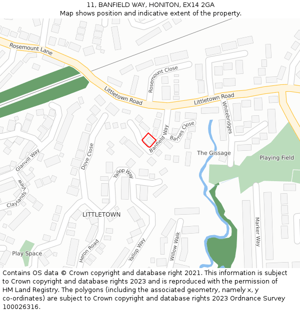 11, BANFIELD WAY, HONITON, EX14 2GA: Location map and indicative extent of plot